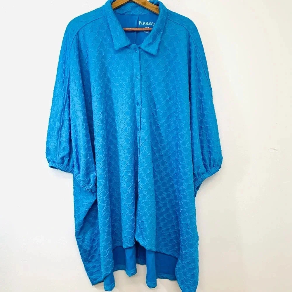 Roamans  Blouse Woman 2X Blue Textured Button Up Stretch Oversized Dolman Sleeve